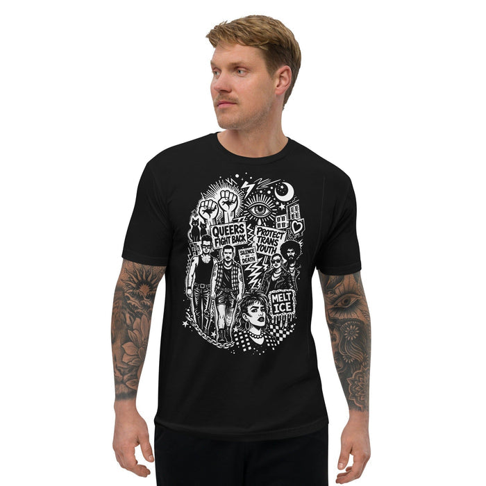 Person with tattoos wearing Adam's Nest x Nathan Rapport Queer Trans Protest black t-shirt, queer-owned protest fashion brand