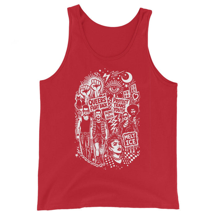 Adam's Nest x Nathan Rapport Queer Trans Protest red tank top with white illustration of queer activists, raised fists, and protest signs including Protect Trans Youth and Melt ICE