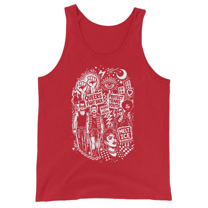 Adam's Nest x Nathan Rapport Queer Trans Protest red tank top with white illustration of queer activists, raised fists, and protest signs including Protect Trans Youth and Melt ICE