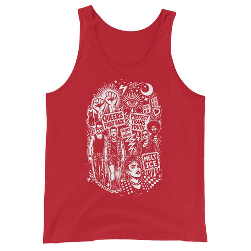Adam's Nest x Nathan Rapport Queer Trans Protest red tank top with white illustration of queer activists, raised fists, and protest signs including Protect Trans Youth and Melt ICE