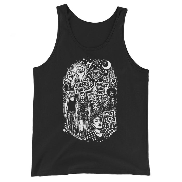 Adam's Nest x Nathan Rapport Queer Trans Protest black tank top with white queer activist illustration featuring raised fists, Queers Fight Back, Protect Trans Youth, Silence=Death, Melt ICE