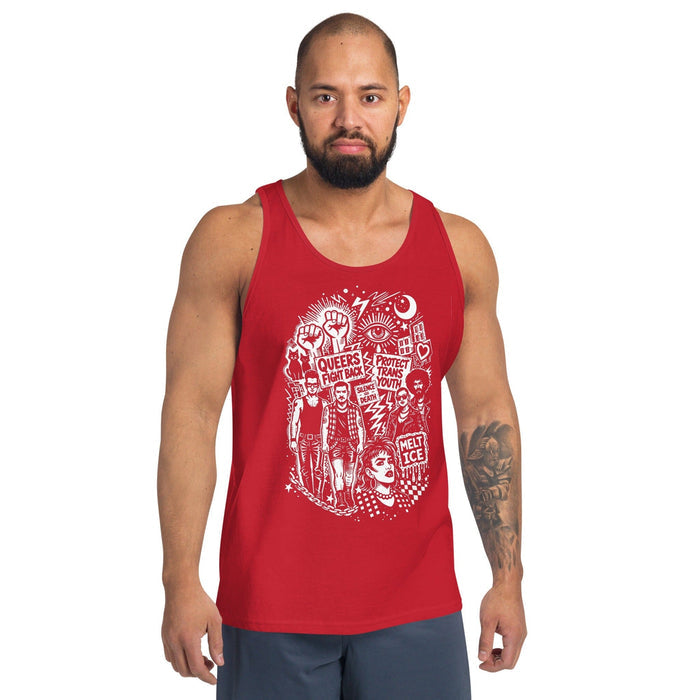 Person wearing Adam's Nest x Nathan Rapport Queer Trans Protest red tank top, LGBTQ+ activist graphic apparel