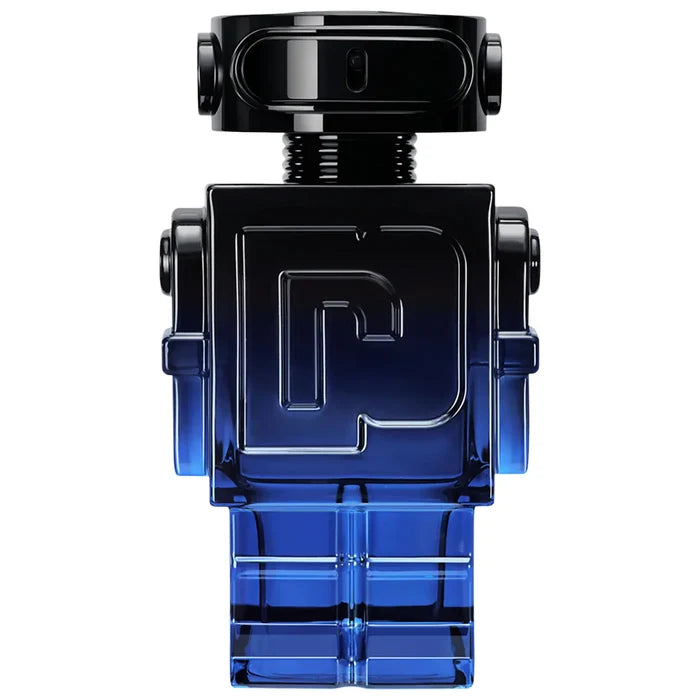 Paco Rabanne Phantom Intense 100ml perfume bottle with sleek black and silver design, displayed on a white background.