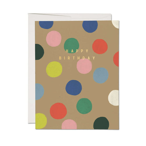 Birthday card with rainbow polka dots and gold Happy Birthday lettering