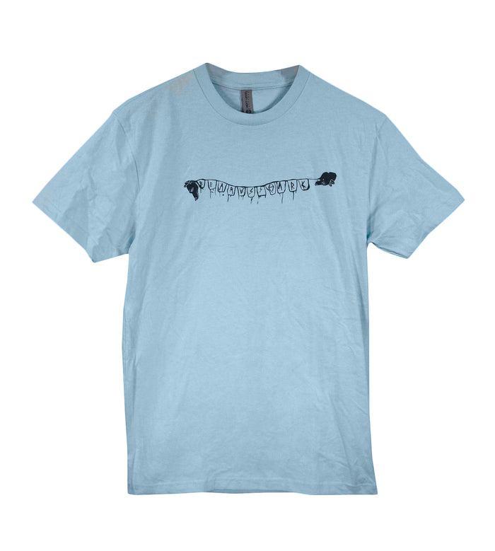 Light blue T-shirt from bearvsshark features a black graphic of two bears holding a line with "THANKYOU" in stylized, dangling letters—a standout choice for fans of unique printed apparel.