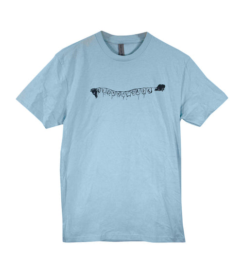 Light blue T-shirt from bearvsshark features a black graphic of two bears holding a line with "THANKYOU" in stylized, dangling letters—a standout choice for fans of unique printed apparel.