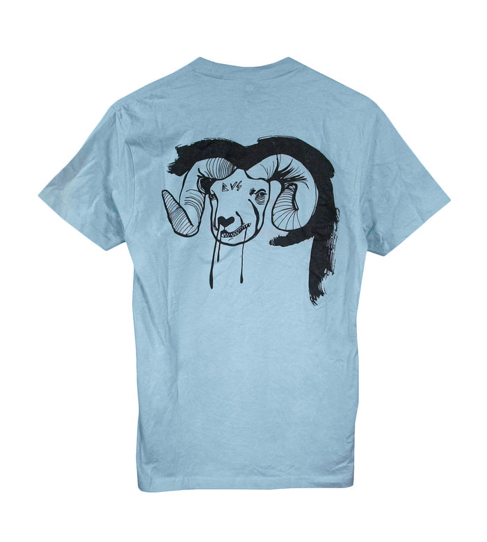 Light blue t-shirt by bearvsshark featuring a large, sketch-style black ram’s head with curved horns and detailed design on the back for an artistic look.