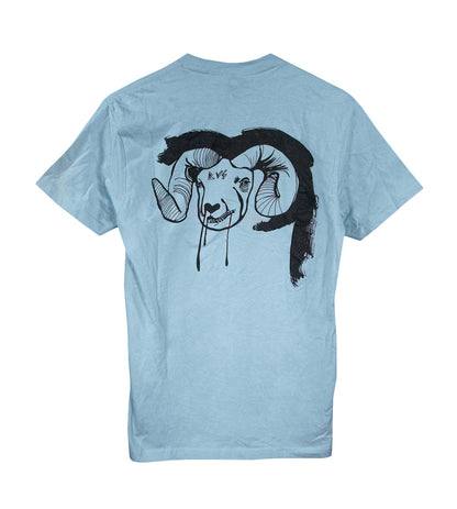Light blue t-shirt by bearvsshark featuring a large, sketch-style black ram’s head with curved horns and detailed design on the back for an artistic look.