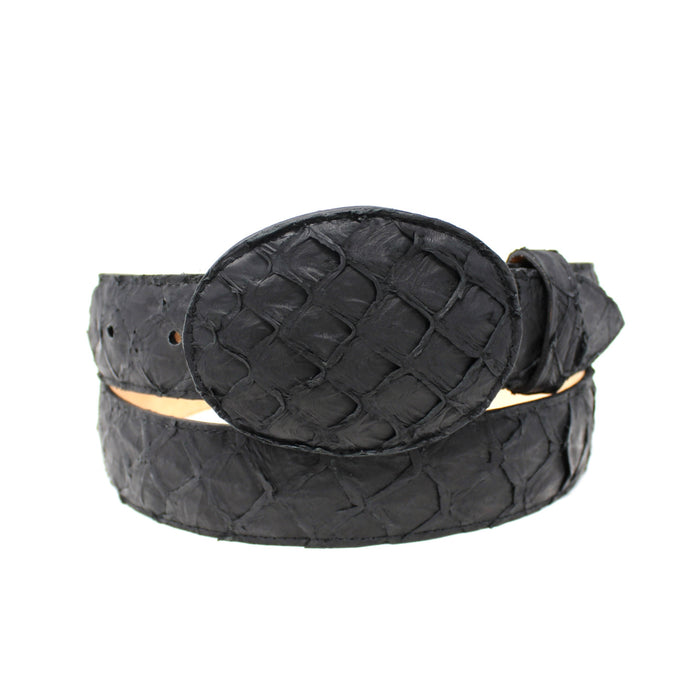 Black woven belt with a round buckle on a white background
