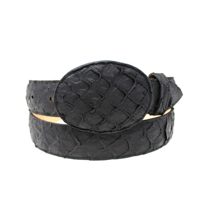 Black woven belt with a round buckle on a white background