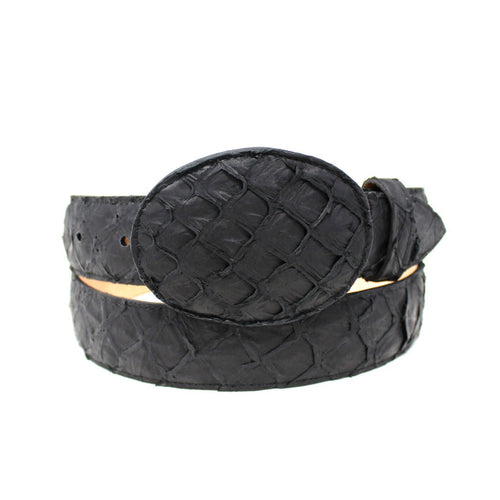 Black woven belt with a round buckle on a white background