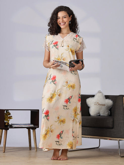 Rayon floral a line cream summer nighty for women