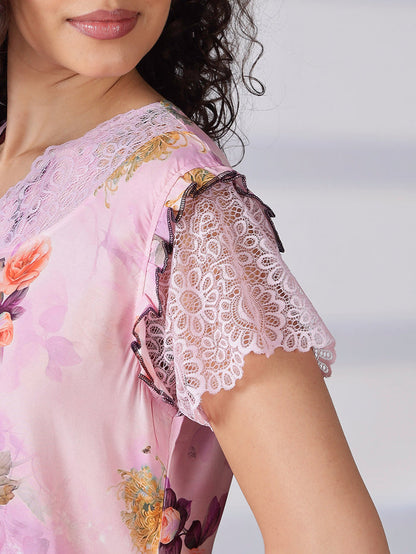 Rayon floral light pink summer nighty for women