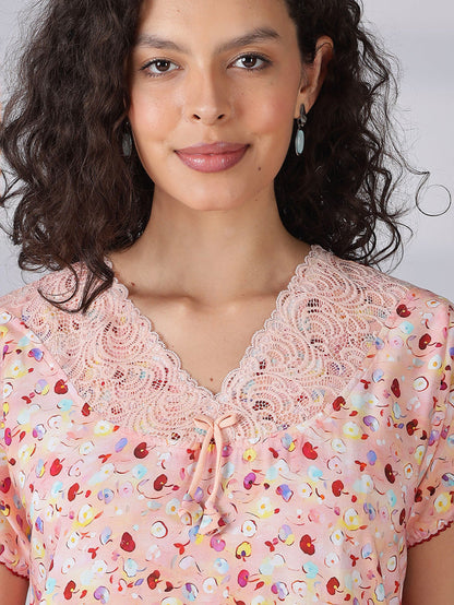 Floral print peach pink nighty for women with lace detail in rayon