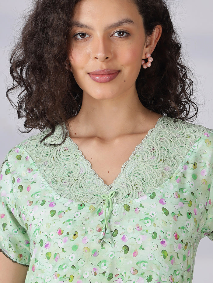 Pista green rayon floral a-line summer night dress for women