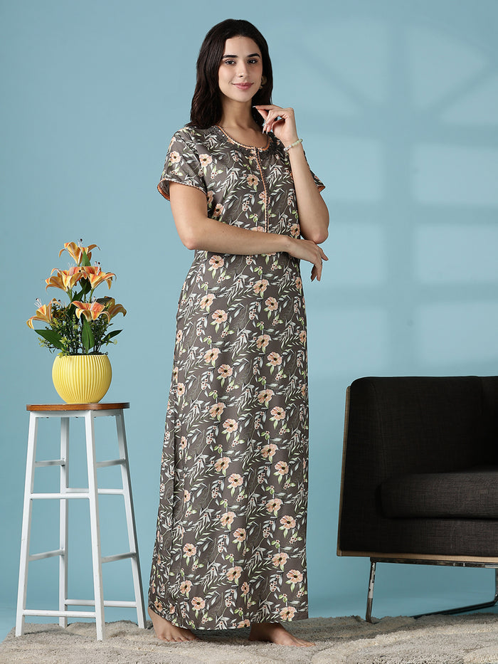 Rayon Floral Branded Nighty for Women in Shimmer Brown