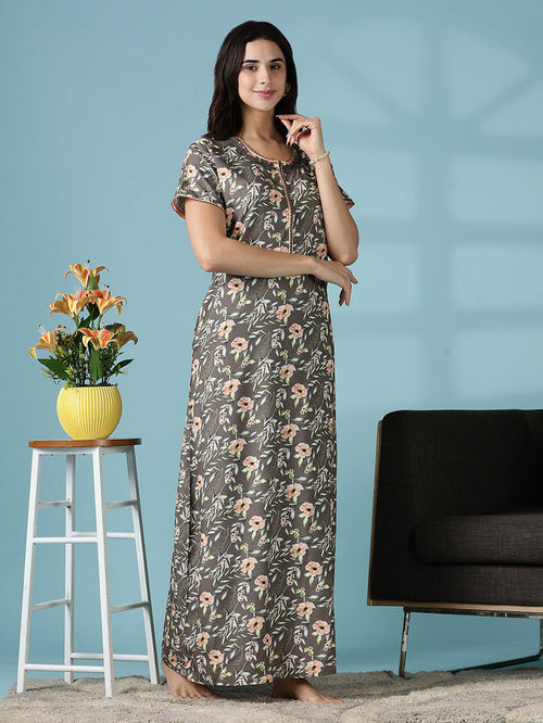Rayon Floral Branded Nighty for Women in Shimmer Brown