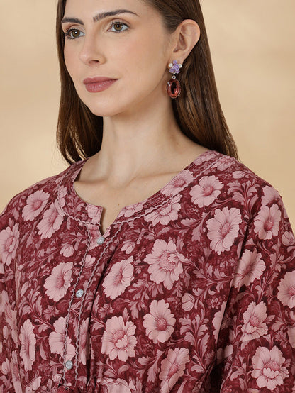 Wine red frock style soft nighty for women in rayon