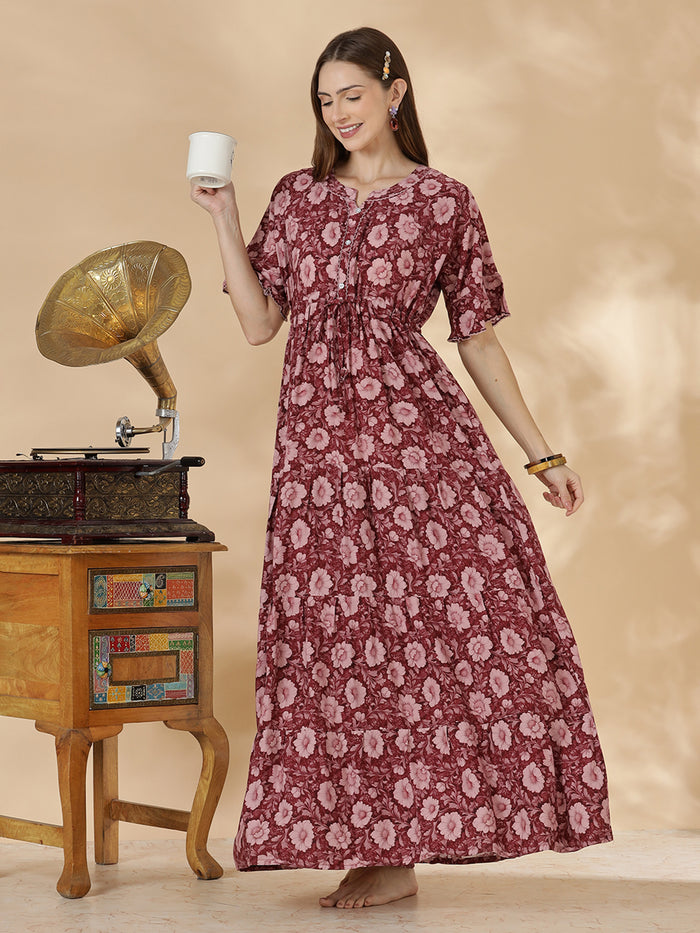Wine red frock style soft nighty for women in rayon