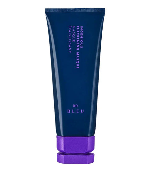 Blue and purple tube of hair thickening mask with product name on packaging