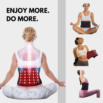 Red light therapy belt worn on lower back for muscle recovery