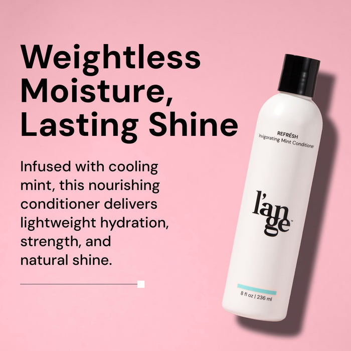 Refresh claim image on benefits and results with bottle of Refresh against a blush background.
