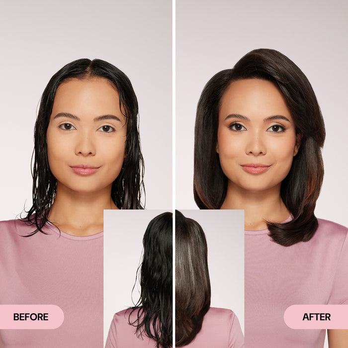 Before and after image of a woman showing transformation from wet, flat hair to voluminous, smooth, and styled dark hair.