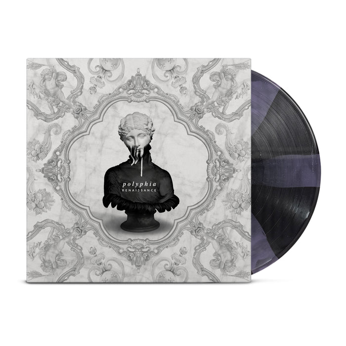 A black and purple cornetto vinyl peeks out of a white jacket with renaissance decoration. A bust of a half black/half white painted woman dripping with white is in the center of the vinyl along with the words "polyphia: Renaissance".