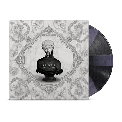A black and purple cornetto vinyl peeks out of a white jacket with renaissance decoration. A bust of a half black/half white painted woman dripping with white is in the center of the vinyl along with the words "polyphia: Renaissance".