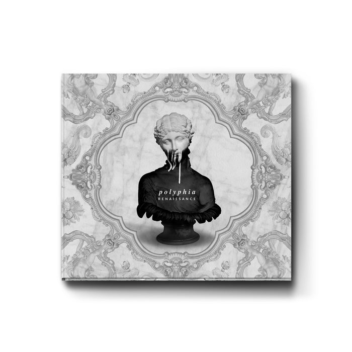A CD cover with a bust of a half black/half white painted woman dripping with white is in the center along with the words "polyphia: Renaissance". The background of the cover is white with ornate victorian detailing.