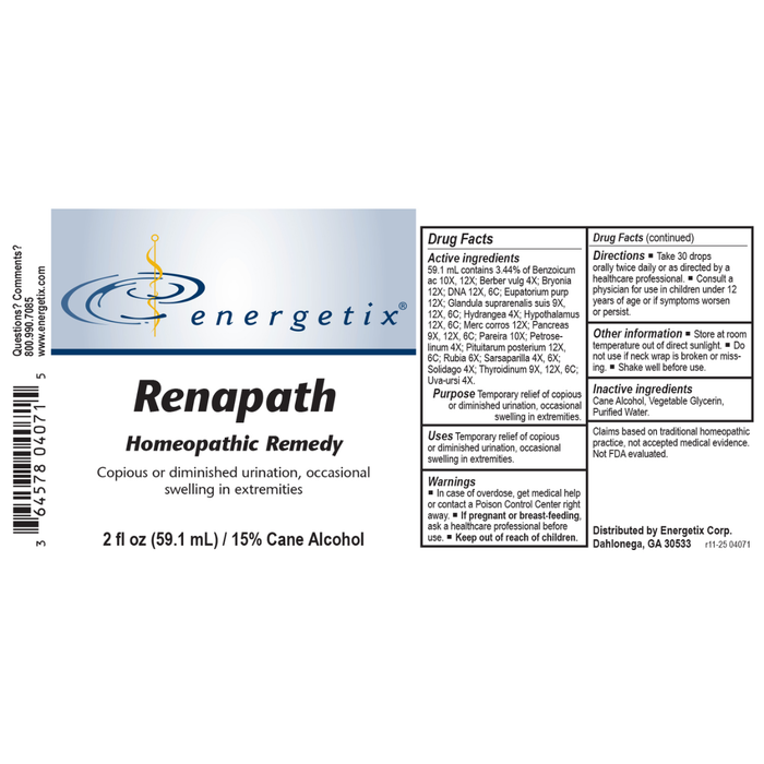 Renapath is a homeopathic combination formula for symptoms of weakened kidney such as bloating and frequent, diminished, or involuntary urination.