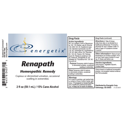 Renapath is a homeopathic combination formula for symptoms of weakened kidney such as bloating and frequent, diminished, or involuntary urination.