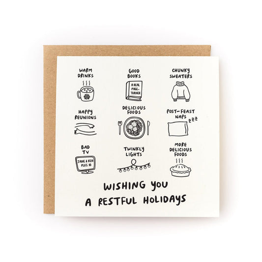 Restful Holidays greeting card with doodle food icons and 'Wishing you a restful holidays'