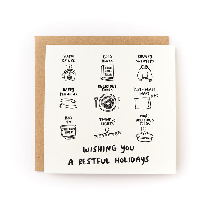 Kraft envelope greeting card with illustrated holiday sayings in black ink