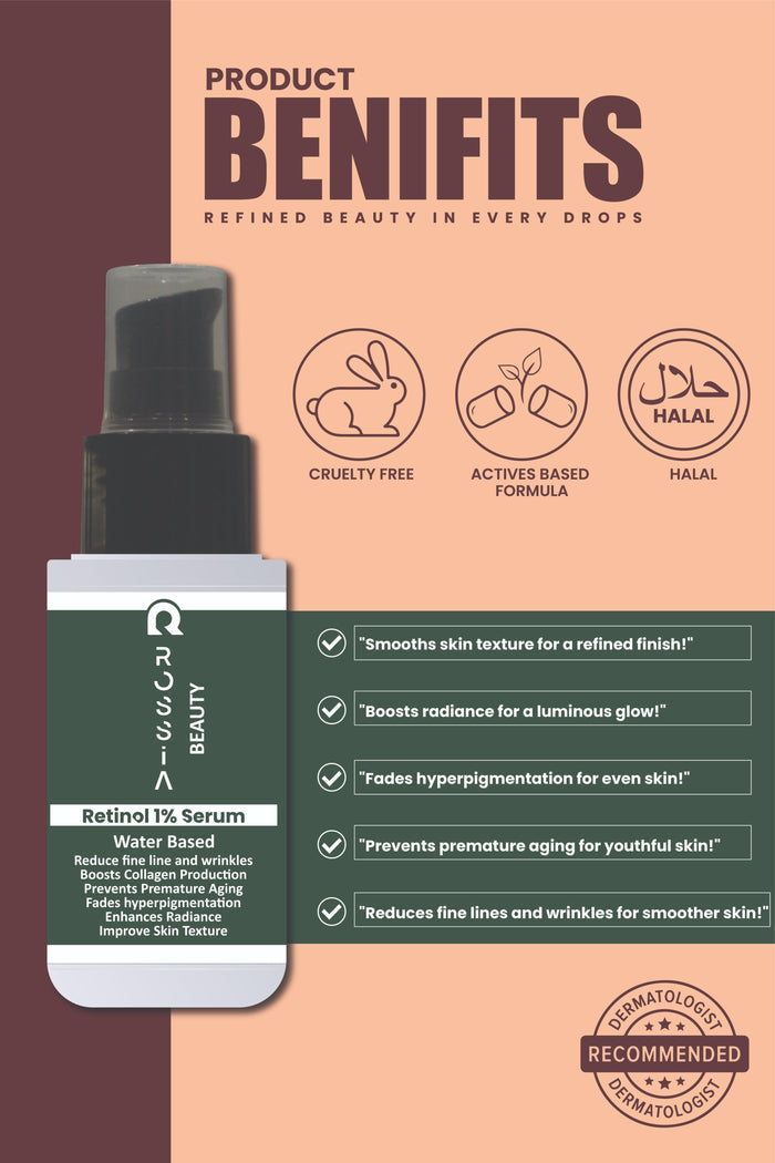 Key benefits of Rossia Beauty Retinol 1% Serum including anti-aging, wrinkle reduction, smoother skin texture, and improved skin tone.