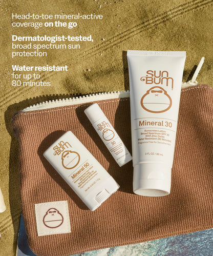 Sun Bum mineral sunscreen products on a brown pouch with text about product features. Head-to-toe mineral-active coverage on the go
Dermatologist-tested, broad spectrum sun protection
Water resistant for up to
80 minutes