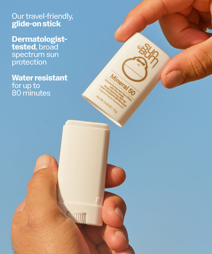 Two sun protection sticks held by hands with promotional text on a blue background. Our travel-friendly, glide-on stick
Dermatologist-tested, broad spectrum sun protection
Water resistant for up to
80 minutes