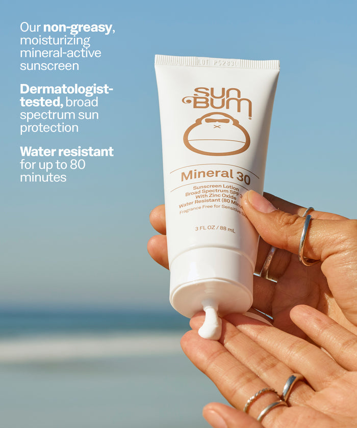 Sun Bum Mineral 30 lotion on a blude sky. Our non-greasy, moisturizing mineral-active sunscreen
Dermatologist-tested, broad spectrum sun protection
Water resistant for up to 80 minutes