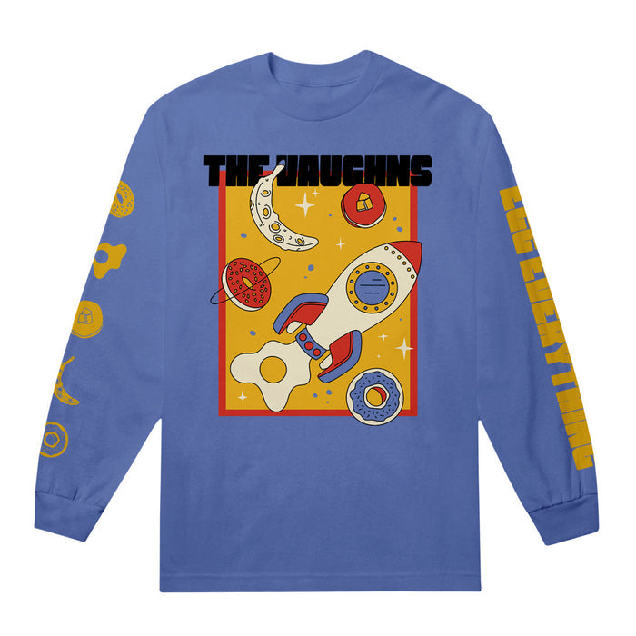 A blue The Vaughns Rocket Long-Sleeve T-Shirt with a colorful rocket, planets, and eggs graphic plus THE JAUGHNS text. Yellow sleeve designs include "EVERYTHING" on the right. Made from soft Comfort Colors for standout style.