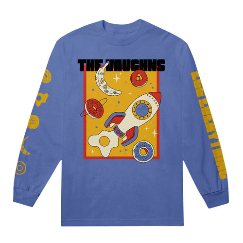 A blue The Vaughns Rocket Long-Sleeve T-Shirt with a colorful rocket, planets, and eggs graphic plus THE JAUGHNS text. Yellow sleeve designs include "EVERYTHING" on the right. Made from soft Comfort Colors for standout style.