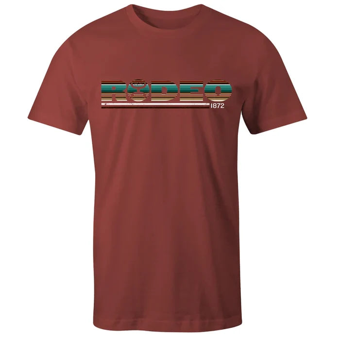 Maroon t-shirt with colorful graphic design on a white background
