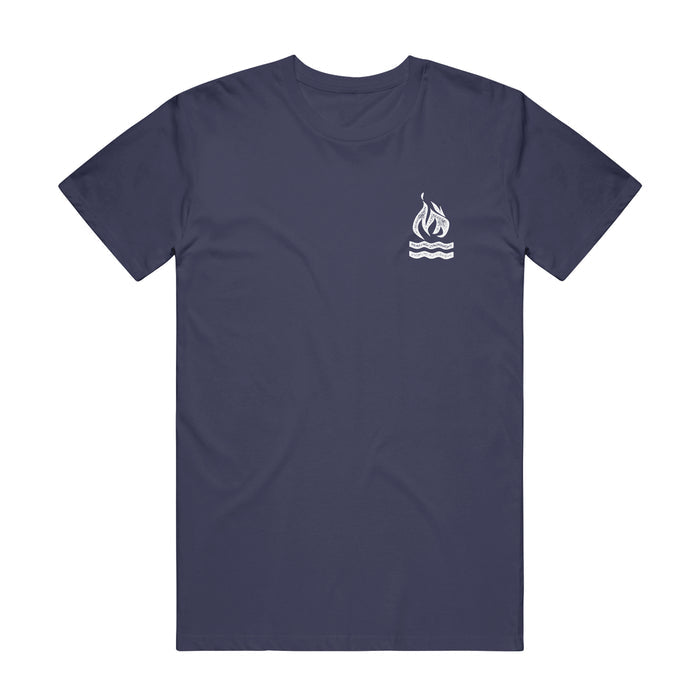 Navy blue Hot Water Music Comfort Colors t-shirt with a small white graphic of a stylized flame above wavy lines on the left chest, symbolizing fire and water.