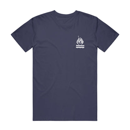 Navy blue Hot Water Music Comfort Colors t-shirt with a small white graphic of a stylized flame above wavy lines on the left chest, symbolizing fire and water.