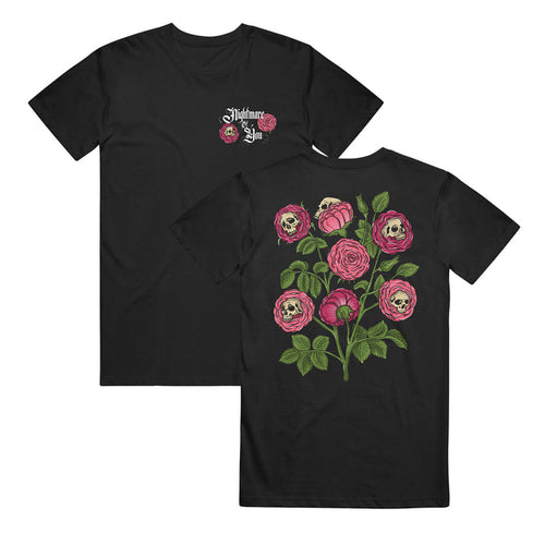 Nightmare Of You Comfort Colors tee with a small front graphic of roses and skulls with script text; back displays bold pink roses with skulls inside, accented by green leaves.