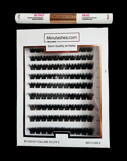 Russian Volume 3D Lash Clusters – Fluffy DIY Extensions + Invisible Bond & Sealer (7–10 Days Wear)