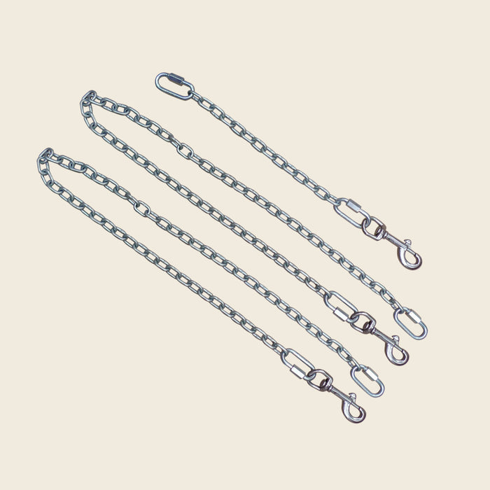 Three galvanized steel safety chains with snap hooks and quick links for Pilates Cadillac.