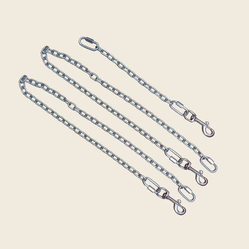 Three galvanized steel safety chains with snap hooks and quick links for Pilates Cadillac.