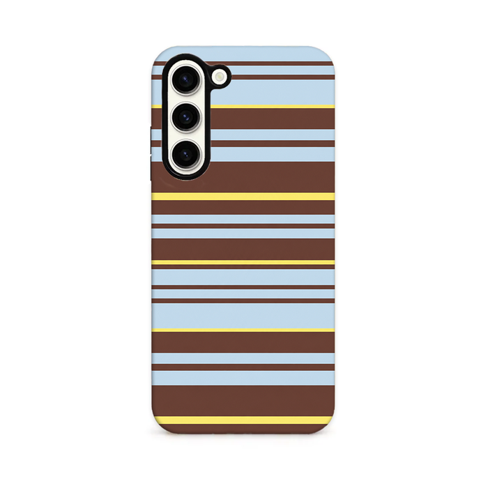 Blue, brown and yellow horizontal stripes or varying thicknesses.