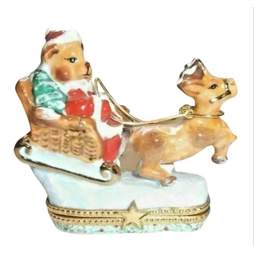 Santa Bear Sleigh Adventure Porcelain Limoges xmas theme teddy French Trinket Box