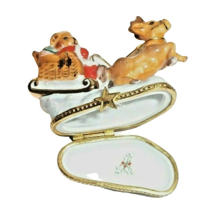 Santa Bear Sleigh Adventure Porcelain Limoges xmas theme teddy French Trinket Box